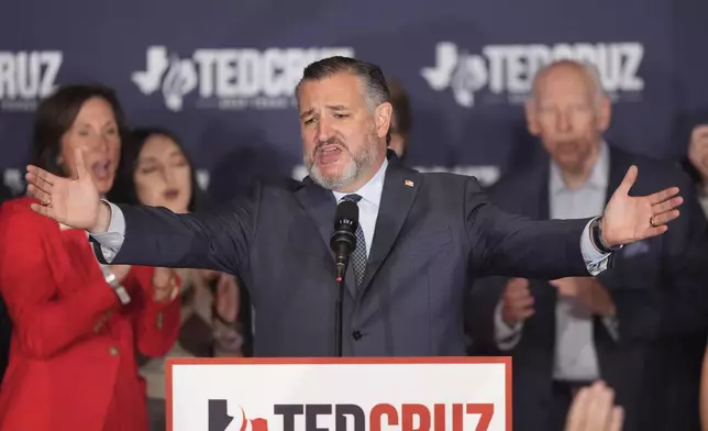 Sen. Ted Cruz, R-Texas, speaks during a watch party on election night, Tuesday, Nov. 5, 2024, at the Marriott Marquis in Houston. (AP Photo/LM Otero)