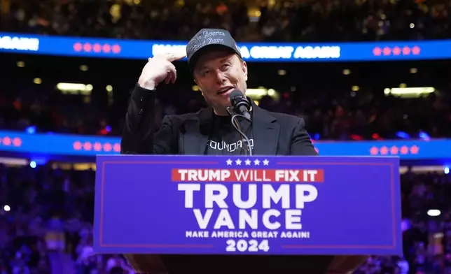 Elon Musk speaks before Republican presidential nominee former President Donald Trump at a campaign rally at Madison Square Garden, Sunday, Oct. 27, 2024, in New York. (AP Photo/Alex Brandon)