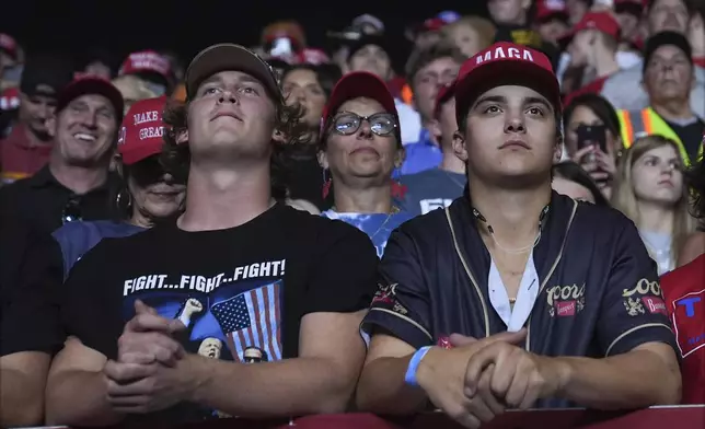 Supporters wait for Republican presidential nominee former President Donald Trump to arrive for a campaign rally at the Salem Civic Center, Saturday, Nov. 2, 2024, in Salem, Va. (AP Photo/Evan Vucci)