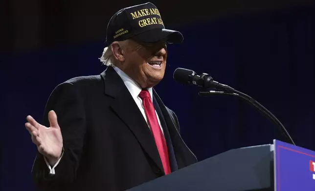 Republican presidential nominee former President Donald Trump speaks at a campaign rally at Atrium Health Amphitheater, Sunday, Nov. 3, 2024, in Macon, Ga. (AP Photo/Evan Vucci)