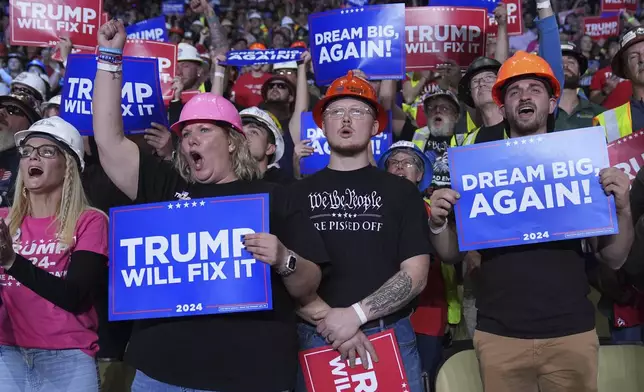 Supporters cheer as Republican presidential nominee former President Donald Trump speaks at a campaign rally at PPG Paints Arena, Monday, Nov. 4, 2024, in Pittsburgh, Pa. (AP Photo/Evan Vucci)