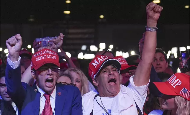 Supporters arrive at an election night watch party for Republican presidential nominee former President Donald Trump Tuesday, Nov. 5, 2024, in West Palm Beach, Fla. (AP Photo/Evan Vucci)