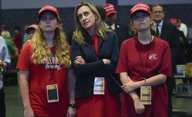 Kristina Rasmussen, of Richmond, Va., talks with her daughters Annelise, left, and Marie, right, as they attend a watch party for Republican Presidential nominee former President Donald Trump at the Palm Beach County Convention Center during an election night watch party, Tuesday, Nov. 5, 2024, in West Palm Beach, Fla. (AP Photo/Lynne Sladky)