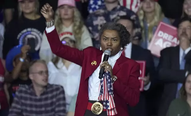 Virginia Lt. Gov. Winsome Earle-Sears speaks before Republican presidential nominee former President Donald Trump at a campaign rally in Salem Va., Saturday, Nov 2, 2024. (AP Photo/Steve Helber)