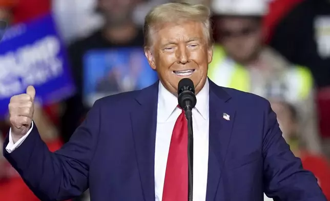 Republican presidential nominee former President Donald Trump speaks at a campaign rally at PPG Paints Arena, Monday, Nov. 4, 2024, in Pittsburgh. (AP Photo/Matt Freed)