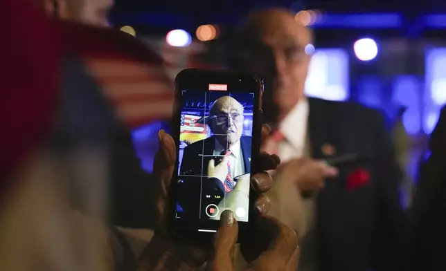 Rudy Giuliani arrives to attend a watch party for Republican Presidential nominee former President Donald Trump at the Palm Beach County Convention Center during an election night watch party, Tuesday, Nov. 5, 2024, in West Palm Beach, Fla. (AP Photo/Lynne Sladky)