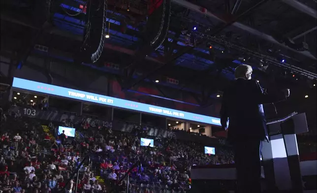 Republican presidential nominee former President Donald Trump speaks during a campaign rally at Santander Arena, Monday, Nov. 4, 2024, in Reading, Pa. (AP Photo/Evan Vucci)