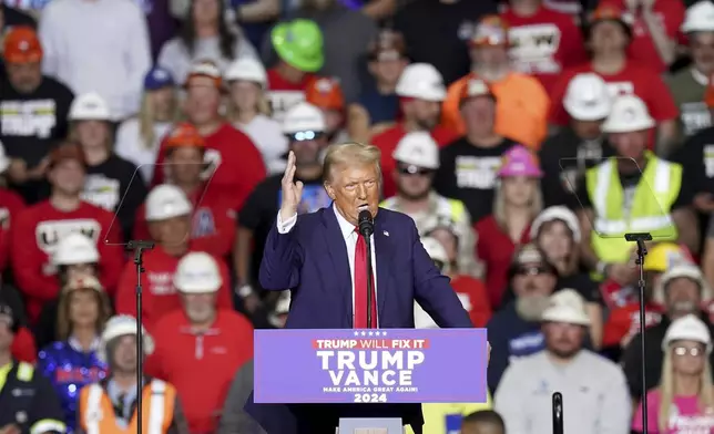 Republican presidential nominee former President Donald Trump speaks at a campaign rally at PPG Paints Arena, Monday, Nov. 4, 2024, in Pittsburgh. (AP Photo/Matt Freed)