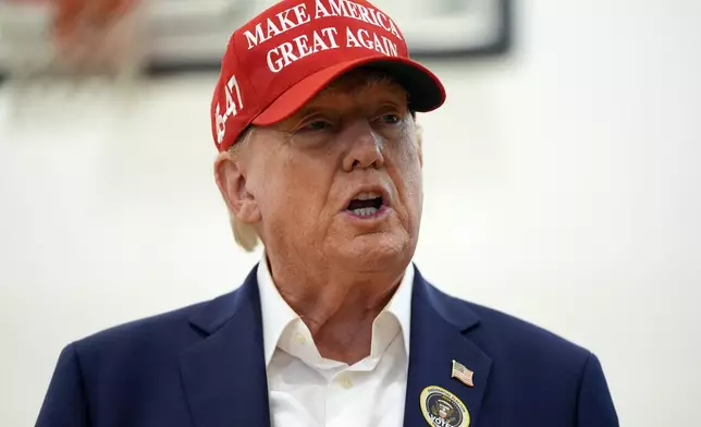 Republican presidential nominee former President Donald Trump speaks after voting on Election Day at the Morton and Barbara Mandel Recreation Center, Tuesday, Nov. 5, 2024, in Palm Beach, Fla. (AP Photo/Evan Vucci)