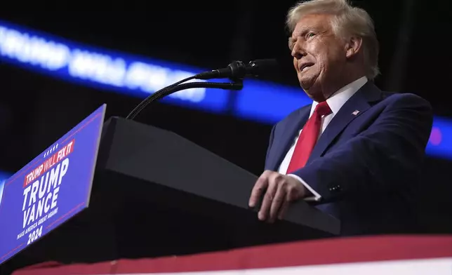 Republican presidential nominee former President Donald Trump speaks at a campaign rally at PPG Paints Arena, Monday, Nov. 4, 2024, in Pittsburgh, Pa. (AP Photo/Evan Vucci)