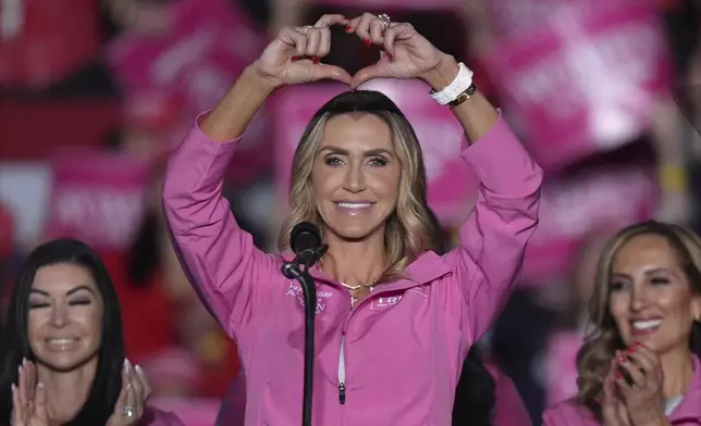 Republican National Committee co-chair Lara Trump speaks before Republican presidential candidate former President Donald Trump at a campaign rally, Monday, Nov. 4, 2024, in Reading, Pa. (AP Photo/Chris Szagola)