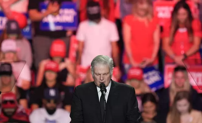 Rev. Franklin Graham speaks and gives the invocation before Republican presidential nominee former President Donald Trump arrives to speak at a campaign rally at First Horizon Coliseum, Saturday, Nov. 2, 2024, in Greensboro, NC. (AP Photo/Alex Brandon)