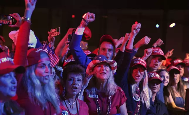 Supporters watch returns at a campaign election night watch party for Republican presidential nominee former President Donald Trump at the Palm Beach Convention Center, Wednesday, Nov. 6, 2024, in West Palm Beach, Fla. (AP Photo/Evan Vucci)