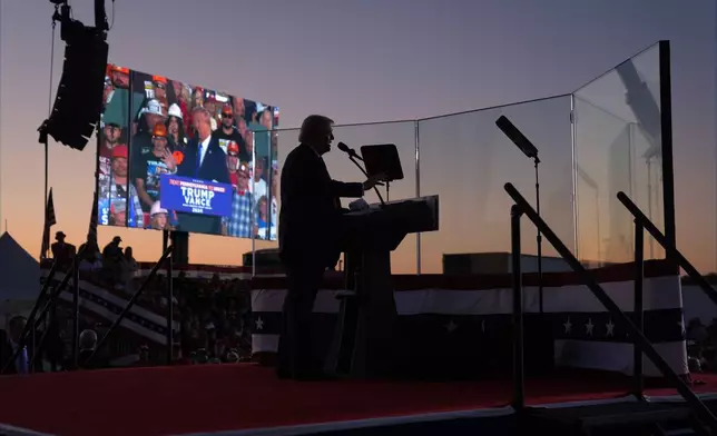 Republican presidential nominee former President Donald Trump speaks during a campaign rally at Arnold Palmer Regional Airport, Saturday, Oct. 19, 2024, in Latrobe, Pa. (AP Photo/Evan Vucci)