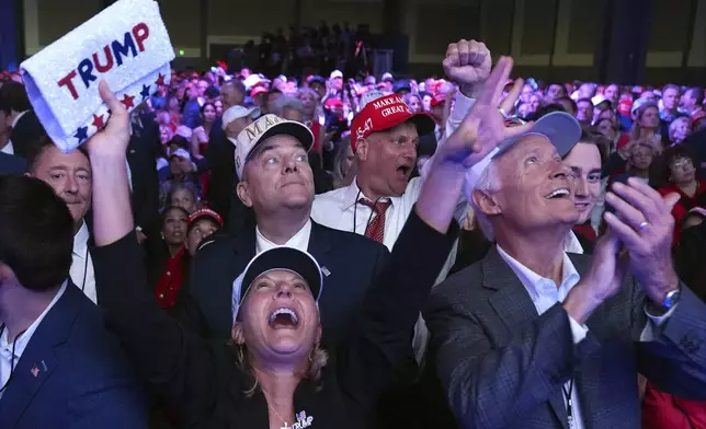 Supporters watch returns at a campaign election night watch party for Republican presidential nominee former President Donald Trump at the Palm Beach Convention Center, Wednesday, Nov. 6, 2024, in West Palm Beach, Fla. (AP Photo/Evan Vucci)