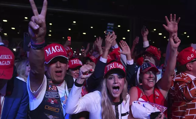 Supporters watch returns at a campaign election night watch party for Republican presidential nominee former President Donald Trump at the Palm Beach Convention Center, Wednesday, Nov. 6, 2024, in West Palm Beach, Fla. (AP Photo/Evan Vucci)