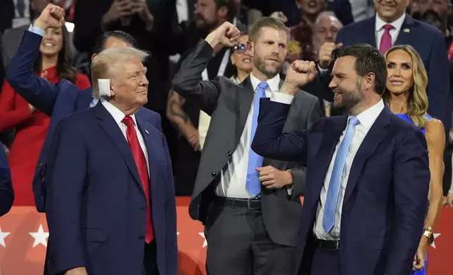 Republican presidential candidate former President Donald Trump appears with vice presidential candidate JD Vance, R-Ohio, during the Republican National Convention, Monday, July 15, 2024, in Milwaukee. (AP Photo/Julia Nikhinson)