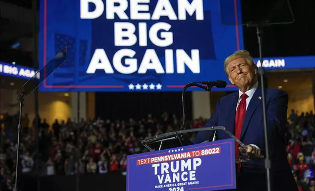 Republican presidential nominee former President Donald Trump speaks at a campaign rally at PPL Center, Tuesday, Oct. 29, 2024, in Allentown, Pa. (AP Photo/Julia Demaree Nikhinson)