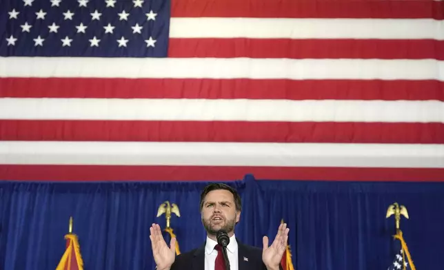 Republican vice presidential nominee Sen. JD Vance, R-Ohio, speaks at a campaign rally, Saturday, Nov. 2, 2024, in Scottsdale, Ariz. (AP Photo/Ross D. Franklin)