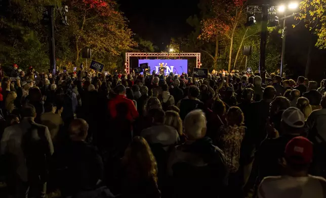 Supporters of Republican incumbent Rep. Jen Kiggans, R-Va., running to represent Virginia's 2nd Congressional District in the U.S. House of Representatives, fill the outdoor space at Ballyhoos in Virginia Beach, Va., during a voting rally Monday, Nov. 4, 2024. (Kendall Warner/The Virginian-Pilot via AP)