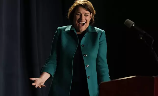 Sen. Amy Klobuchar, D-Minn., speaks before Democratic vice presidential nominee Minnesota Gov. Tim Walz appears at a campaign stop Monday, Nov 4, 2024, in LaCrosse, Wis. (AP Photo/Morry Gash)