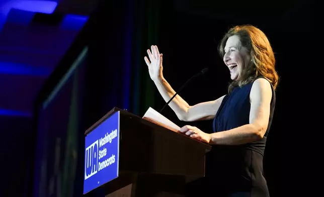 Democratic Rep. Kim Schrier, representing Washington's 8th Congressional District, speaks during the Washington State Democrats watch party on Election Day, Tuesday, Nov. 5, 2024, in Seattle. (AP Photo/Lindsey Wasson)