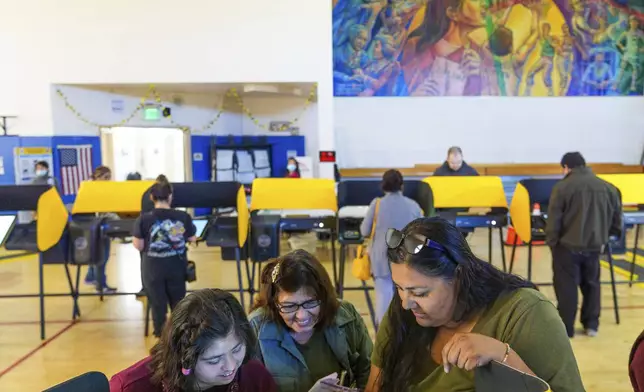 First-time voter Elizabeth Vazquez, 33, left, receives in-person assistance from her mother, Estela Gonzalez, middle, and Victoria Arriaga, as she casts her ballot at Barrio Action Youth &amp; Family Center in the El Sereno area of Los Angeles on Tuesday, Nov. 5, 2024. (AP Photo/Damian Dovarganes)