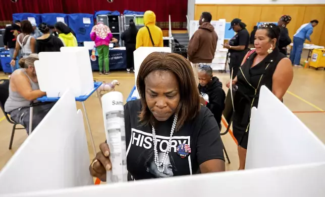 Sheron Campbell wears a Kamala Harris shirt while voting on Election Day in Oakland, Calif., Tuesday, Nov. 5, 2024. (AP Photo/Noah Berger)