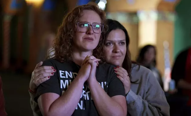 People giving their first names Erika, left, and Leeann react after an abortion rights amendment to the Missouri constitution passed, Tuesday, Nov. 5, 2024, at a watch party in Kansas City, Mo. (AP Photo/Charlie Riedel)