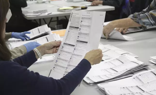 FILE - An election worker examines a ballot at the Clackamas County Elections office, May 19, 2022, in Oregon City, Ore. Problems with a ballot-sorting machine are delaying the vote count in a suburban Portland, Oregon county where issues with blurry bar codes on mail-in ballots delayed elections results in a key Congressional primary race for two weeks in 2022. (AP Photo/Gillian Flaccus, File)