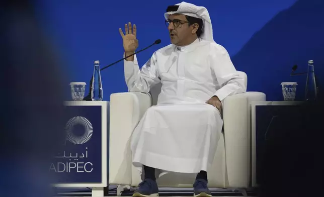 Musabbeh Al Kaaba Executive Director ADNOC talks at a panel during the Abu Dhabi International Petroleum Exhibition &amp; Conference (ADIPEC) in Abu Dhabi, United Arab Emirates, Monday, Nov. 4, 2024. (AP Photo/Altaf Qadri)