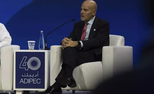 Claudio Descalzi CEO Eni talks at a panel during the Abu Dhabi International Petroleum Exhibition &amp; Conference (ADIPEC) in Abu Dhabi, United Arab Emirates, Monday, Nov. 4, 2024. (AP Photo/Altaf Qadri)