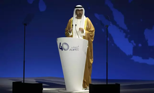 UAE Minister of Industry and Advanced Technology and Managing Director of state-run Abu Dhabi National Oil Co. (ADNOC) Sultan al-Jaber speaks during the inaugural session of annual Abu Dhabi International Petroleum Exhibition and Conference (ADIPEC), Oil and Energy exhibition and conference in Abu Dhabi, United Arab Emirates, Monday, Nov. 4, 2024. (AP Photo/Altaf Qadri)