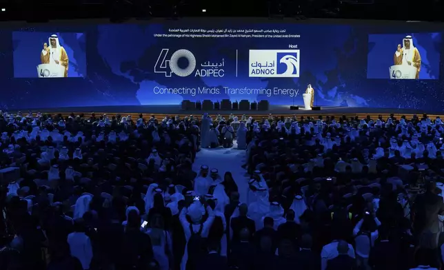 UAE Minister of Industry and Advanced Technology and Managing Director of state-run Abu Dhabi National Oil Co. (ADNOC) Sultan al-Jaber speaks during the inaugural session of annual Abu Dhabi International Petroleum Exhibition and Conference (ADIPEC) in Abu Dhabi, United Arab Emirates, Monday, Nov. 4, 2024. (AP Photo/Altaf Qadri)