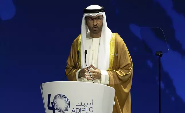 UAE Minister of Industry and Advanced Technology and Managing Director of state-run Abu Dhabi National Oil Co. (ADNOC) Sultan al-Jaber speaks during the inaugural session of annual Abu Dhabi International Petroleum Exhibition and Conference (ADIPEC) in Abu Dhabi, United Arab Emirates, Monday, Nov. 4, 2024. (AP Photo/Altaf Qadri)