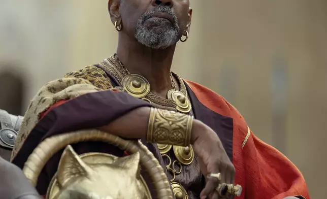This image released by Paramount Pictures shows Denzel Washington in a scene from "Gladiator II." (Aidan Monaghan/Paramount Pictures via AP)