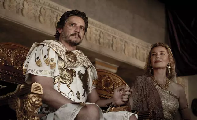 This image released by Paramount Pictures shows Pedro Pascal, left, and Connie Nielsen in a scene from "Gladiator II." (Cuba Scott/Paramount Pictures via AP)