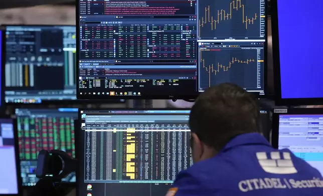 A specialist works at his post on the floor of the New York Stock Exchange, Thursday, Nov. 7, 2024. (AP Photo/Richard Drew)