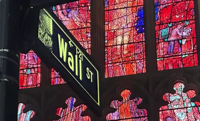 FILE - A sign marking Wall Street is shown near Trinity Church in New York's Financial District on Oct. 30, 2024. (AP Photo/Peter Morgan, File)