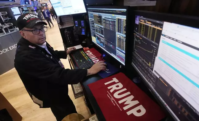 Trader Jonathan Mueller works on the floor of the New York Stock Exchange, Monday, Nov. 4, 2024. (AP Photo/Richard Drew)