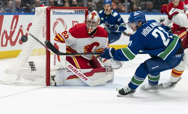 Vancouver Canucks' Nils Hoglander, right, chases a loose puck after Calgary Flames' goalie Dan Vladar made a save during the third period of an NHL hockey game in Vancouver, British Columbia, Tuesday, Nov. 12, 2024. (Rich Lam/The Canadian Press via AP)