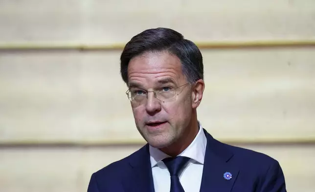 NATO Secretary General Mark Rutte delivers his speech during a meeting with French President Emmanuel Macron at the Elysee Palace, in Paris, France, Tuesday, Nov. 12, 2024. (Manon Cruz/ Pool Photo via AP)