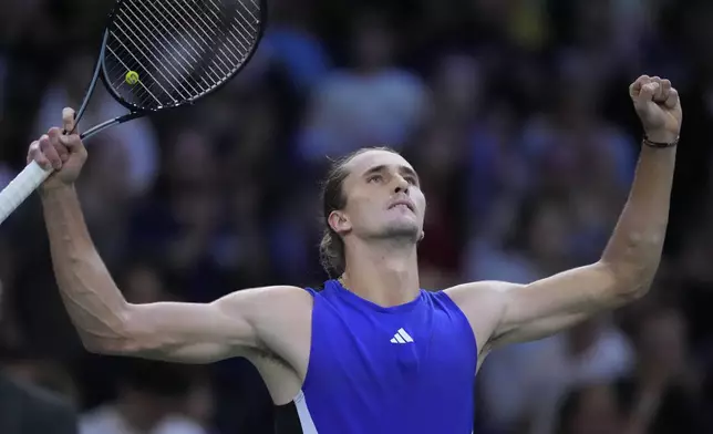 Germany's Alexander Zverev celebrates after defeating France's Arthur Fils in third round match of the Paris Masters tennis tournament at the Accor Arena, Thursday, Oct. 31, 2024 in Paris. (AP Photo/Michel Euler)