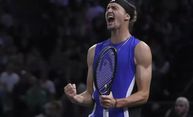 Germany's Alexander Zverev reacts during the semifinal match of the Paris Masters tennis tournament against Denmark's Holger Rune at the Accor Arena on Saturday, Nov. 2, 2024, in Paris. (AP Photo/Thibault Camus)