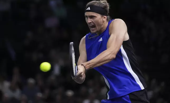 Germany's Alexander Zverev returns to Denmark's Holger Rune during the semifinal match of the Paris Masters tennis tournament at the Accor Arena on Saturday, Nov. 2, 2024, in Paris. (AP Photo/Thibault Camus)