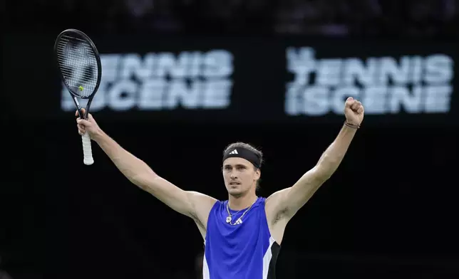 Germany's Alexander Zverev reacts after winning the semifinal match of the Paris Masters tennis tournament against Denmark's Holger Runeat at the Accor Arena on Saturday, Nov. 2, 2024, in Paris. (AP Photo/Thibault Camus)