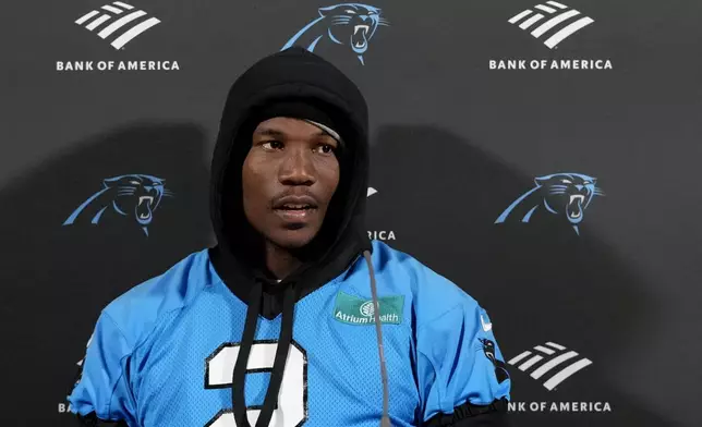 Carolina Panthers cornerback Michael Jackson attends a news conference after a practice session in Munich, Germany, Friday, Nov. 8, 2024. The Carolina Panthers are set to play the New York Giants in an NFL game at the Allianz Arena in Munich on Sunday Nov. 10. (AP Photo/Matthias Schrader)