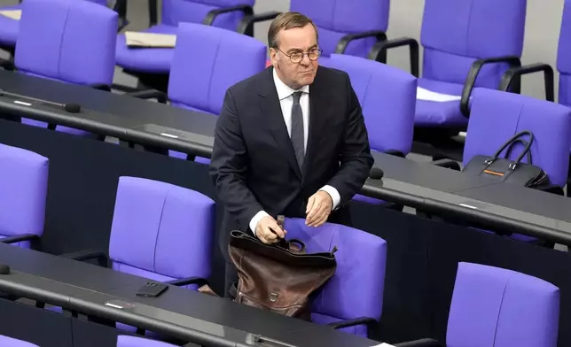 German defence minister Boris Pistorius attends a plenary session in the German parliament Bundestag in Berlin, Germany, Wednesday, Nov. 13, 2024. (AP Photo/Markus Schreiber)