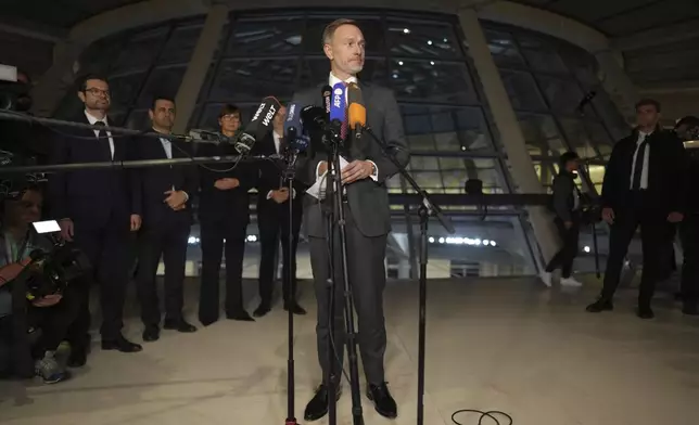 Federal Minister of Finance Christian Lindner makes a press statement following his dismissal by the Federal Chancellor in Berlin, Wednesday Nov. 6, 2024. (Kay Nietfeld/dpa via AP)