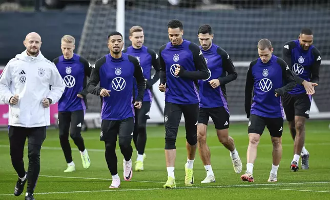 The German soccer team attend a training session in Frankfurt, Germany, Monday Nov. 11, 2024, ahead of their Nations League matches. (Uwe Anspach/dpa via AP)